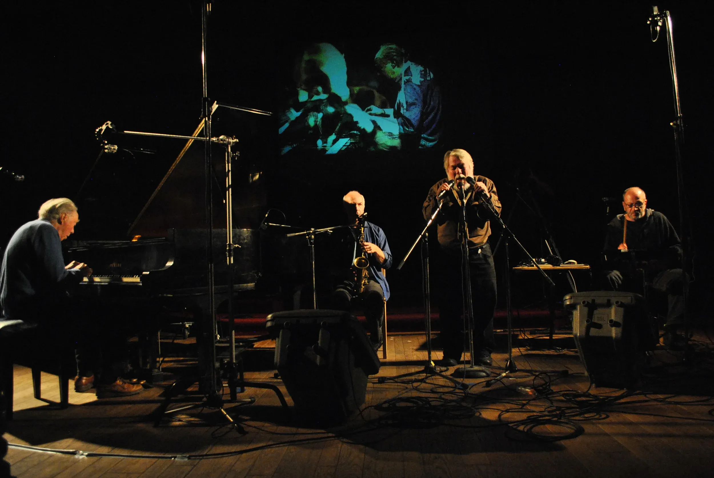 CCMC’s current lineup (from left: Michael Snow, John Oswald, Paul Dutton, and John Kamevaar) performing at the Music Gallery’s present space at St. George the Martyr Church as part of this season’s X Avant festival. The group plays former MG space t…
