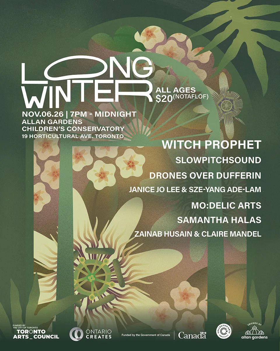Long Winter poster. All ages, $20 (NOTAFLOF). Nov 6, 2026, 7pm to midnight, Allan Gardens Children's Conservatory, 19 Horticultural Ave., Toronto. With Witch Prophet, slowpitchsound, Drones Over Dufferin, Janice Jo Lee & Sze-Yang Ade-Lam, Mo:Delic Arts, Samantha Halas, and Zainab Husain & Claire Mandel.